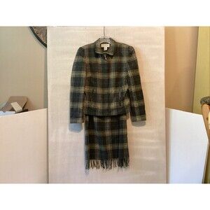 norton mcnaughton 2 piece suit 6 skirt/jacket wool plaid green fringe